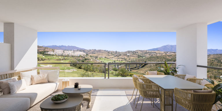 First line golf two-bedroom apartment in Mijas Costa, Malaga